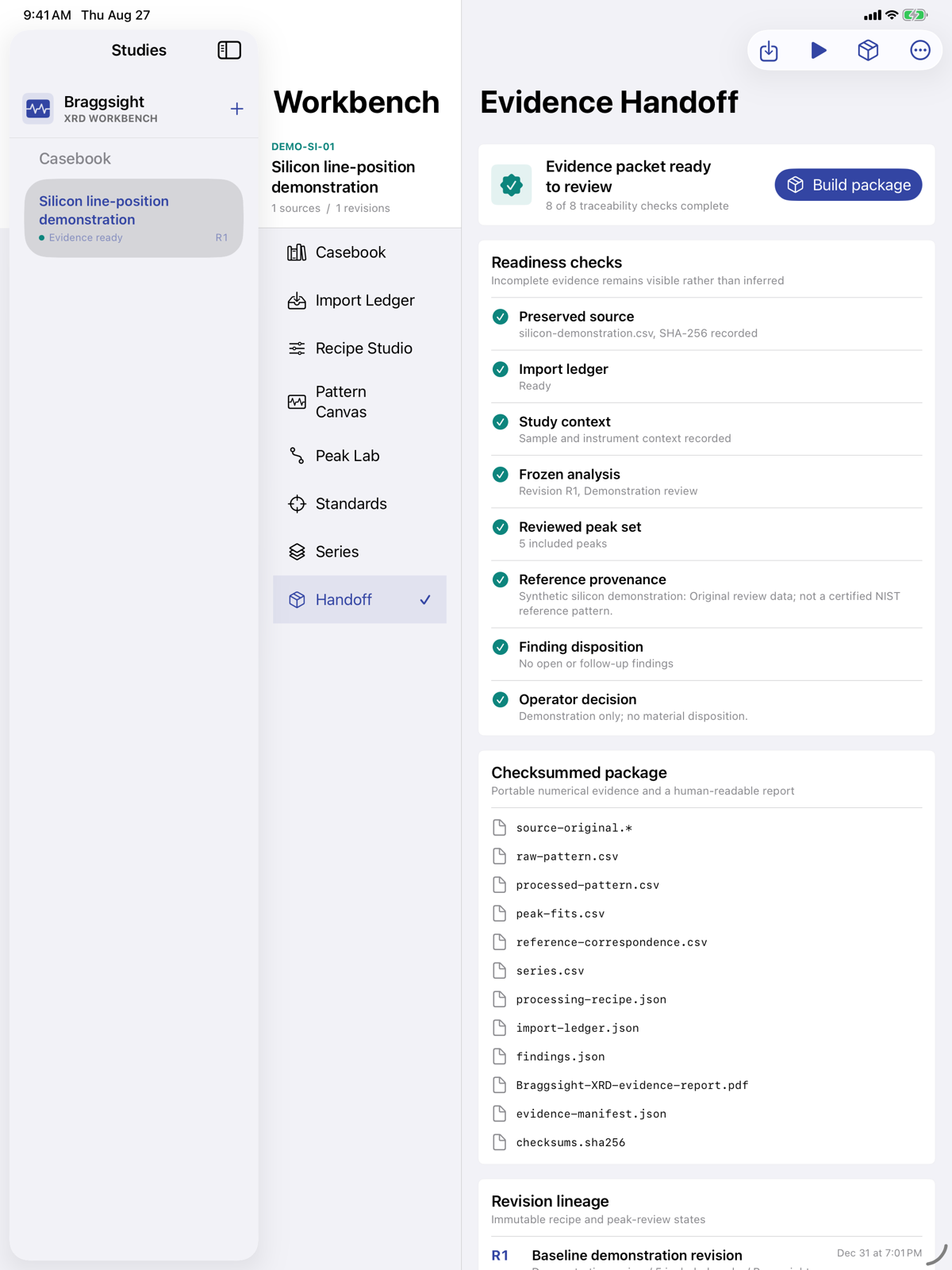 Evidence and Handoff workspace listing readiness checks and checksummed package contents