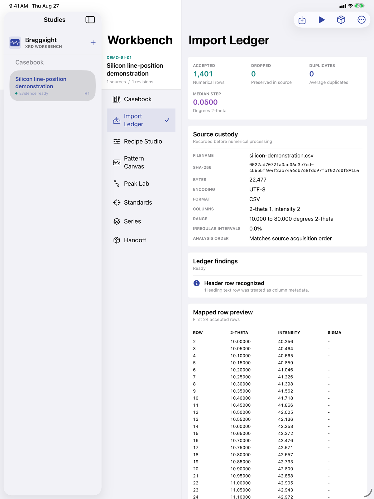Import Ledger with source format, row counts, duplicate policy, and step statistics