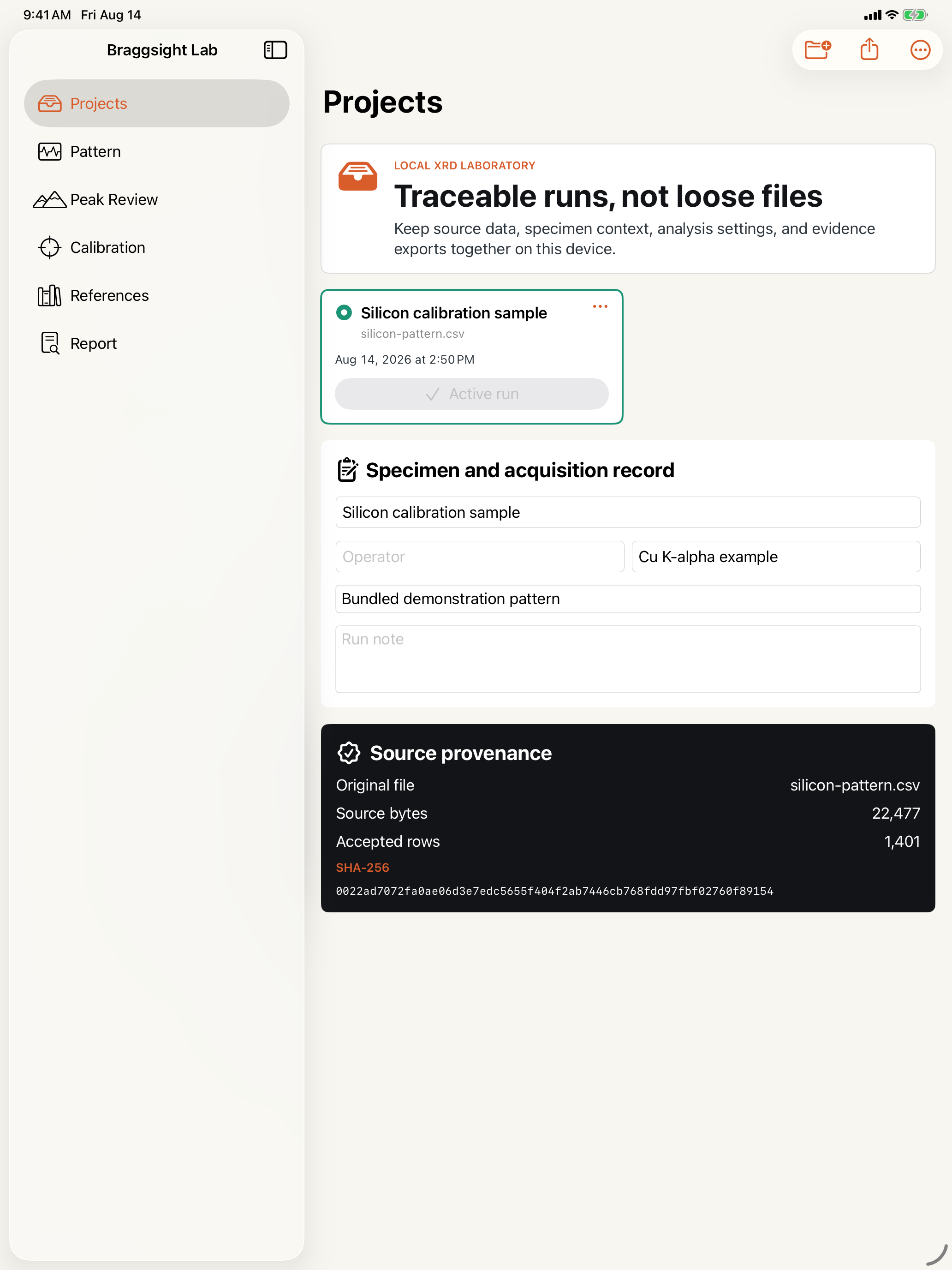 Braggsight Projects view with specimen context and a SHA-256 source fingerprint